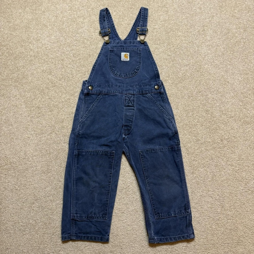 Vtg 1998 Kids Toddler Carhartt Overalls 3T Navy Canvas Bib Double Knee USA 90s